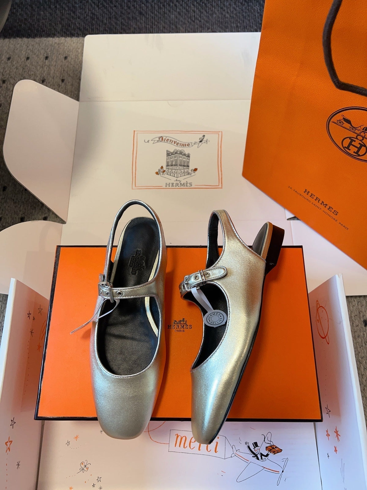 HERMES KLEO SLINGBACK IN SILVER CALFSKIN