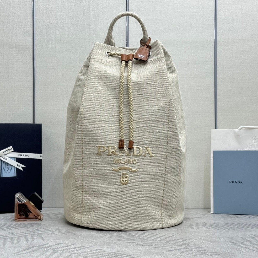 PRADA 25S DRAWSTRING BACKPACK 55 IN BEIGE CANVAS LINEN SILVER HARDWRE