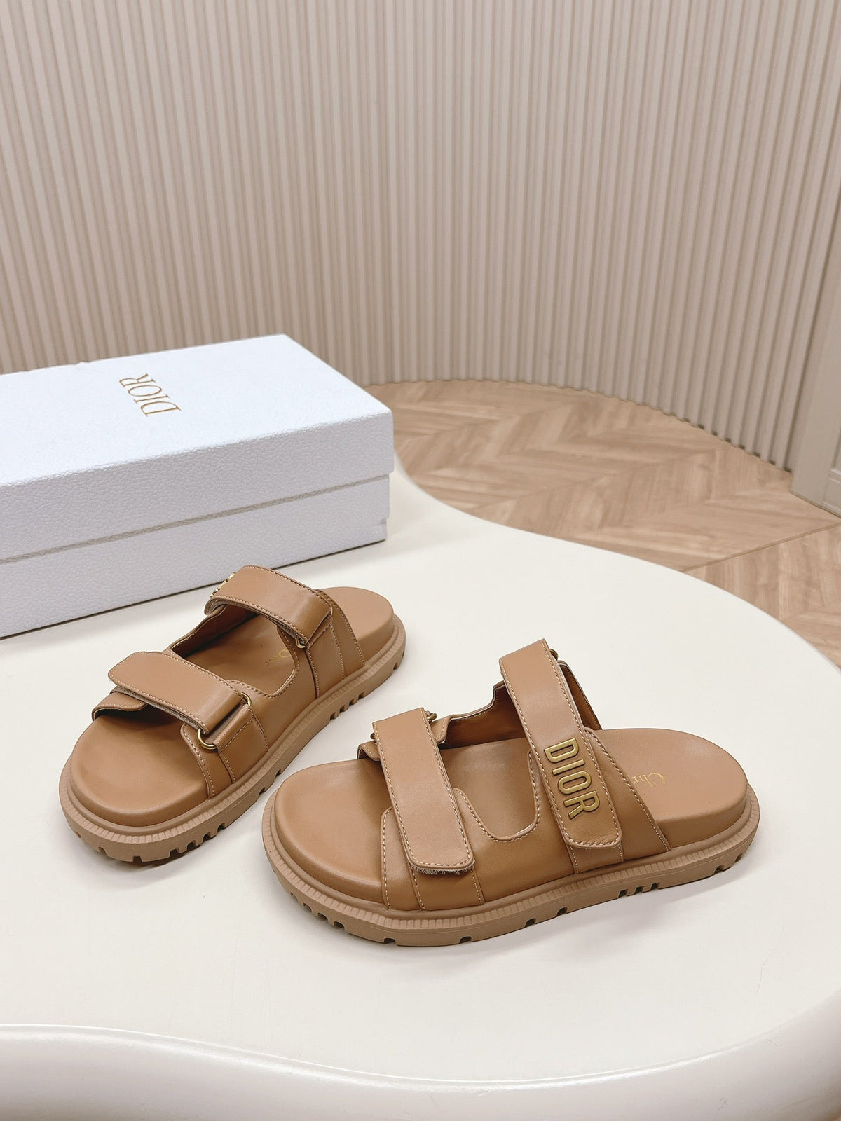 DIOR CLASSIC DOUBLE-STRAP SLIDES 25S IN LIGHT BROWN CALFSKIN