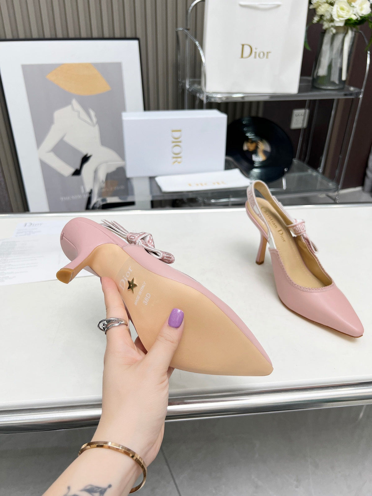 DIOR J'A SLINGBACK PUMP LIGHT PINK CALFSKIN AND EMBROIDERED FABRIC 10 CM